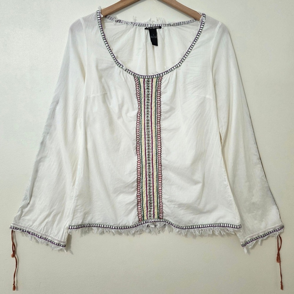 VIntage Lucky Brand Embroidered Boho Top Sz S Gauzy Flare Sleeve Hippie Peasant
